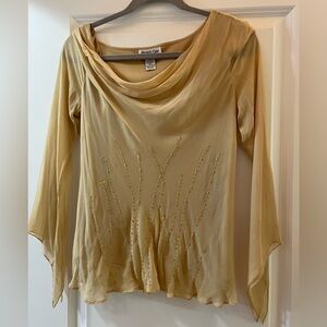 Vintage Silk Beaded Amanda Lane Silk Blouse Shirt Top Gold Translucent Sleeves